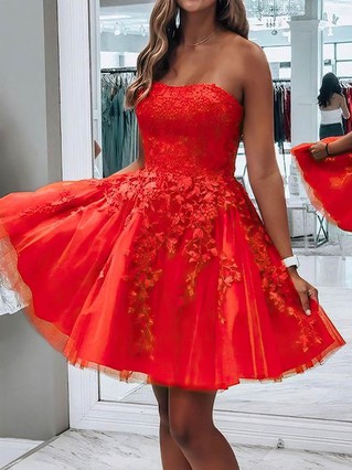 A-line Strapless Tulle Short/Mini Appliques Lace Prom Dresses #Favs020107489 A-line Strapless Tulle Short/Mini Appliques Lace Prom Dresses #Favs020107489