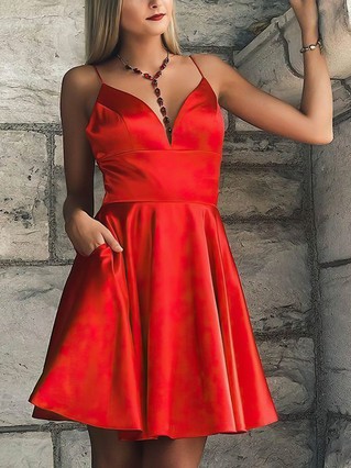 A-line V-neck Silk-like Satin Short/Mini Pockets Prom Dresses #Favs020107492 A-line V-neck Silk-like Satin Short/Mini Pockets Prom Dresses #Favs020107492