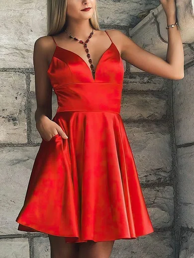 A-line V-neck Silk-like Satin Short/Mini Pockets Prom Dresses #Favs020107492