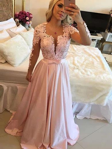 A-line Scoop Neck Satin Sweep Train Appliques Lace Prom Dresses #Favs020102805