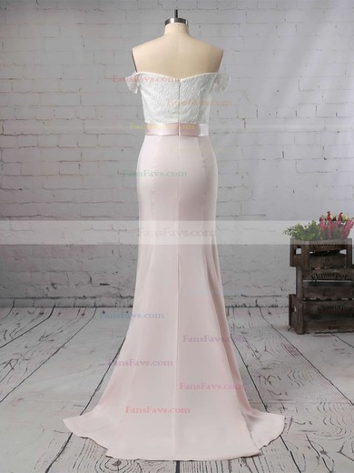 Trumpet/Mermaid Off-the-shoulder Silk-like Satin Sweep Train Sashes / Ribbons Prom Dresses #Favs020104519