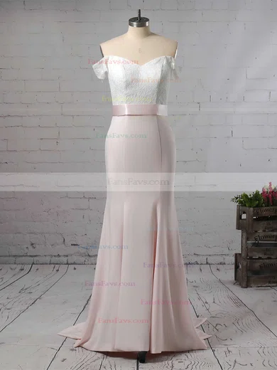 Trumpet/Mermaid Off-the-shoulder Silk-like Satin Sweep Train Sashes / Ribbons Prom Dresses #Favs020104519