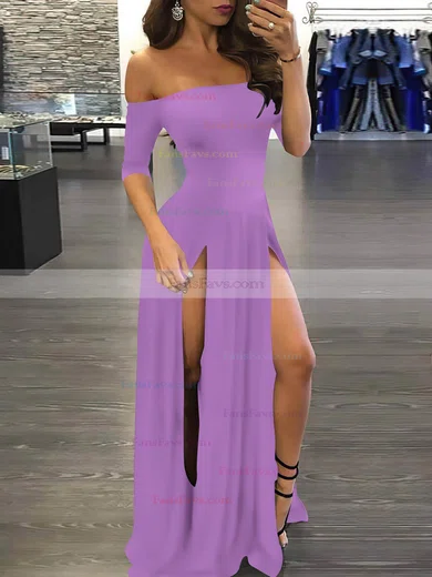 A-line Off-the-shoulder Silk-like Satin Sweep Train Split Front Prom Dresses #Favs020107500