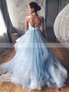 A-line V-neck Tulle Sweep Train Appliques Lace Prom Dresses #Favs020107502