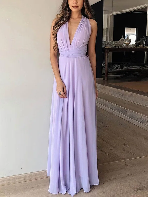 A-line V-neck Chiffon Floor-length Prom Dresses #Favs020107503