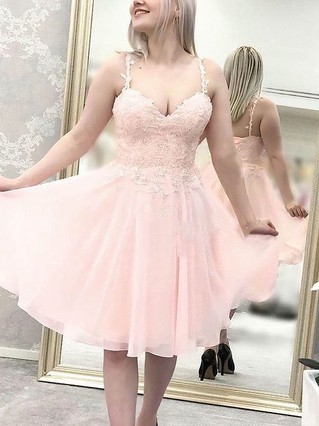 A-line V-neck Chiffon Short/Mini Appliques Lace Prom Dresses #Favs020107506 A-line V-neck Chiffon Short/Mini Appliques Lace Prom Dresses #Favs020107506