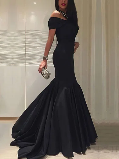 Trumpet/Mermaid Off-the-shoulder Silk-like Satin Sweep Train Ruffles Prom Dresses #Favs020104524