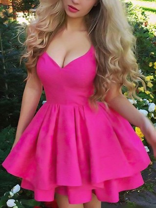 A-line V-neck Silk-like Satin Short/Mini Tiered Prom Dresses #Favs020107510 A-line V-neck Silk-like Satin Short/Mini Tiered Prom Dresses #Favs020107510