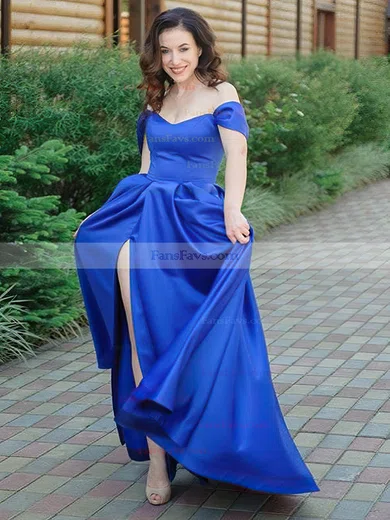 A-line Off-the-shoulder Satin Sweep Train Split Front Prom Dresses #Favs020107513