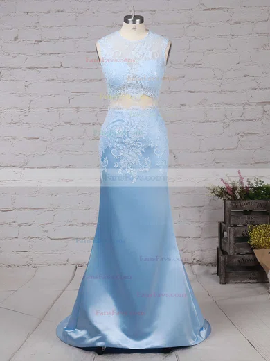 Trumpet/Mermaid Scoop Neck Satin Tulle Sweep Train Appliques Lace Prom Dresses #Favs020104536