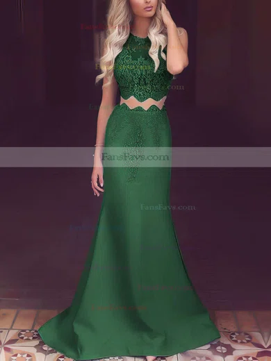 Trumpet/Mermaid Scoop Neck Satin Tulle Sweep Train Appliques Lace Prom Dresses #Favs020104536