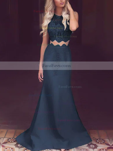 Trumpet/Mermaid Scoop Neck Satin Tulle Sweep Train Appliques Lace Prom Dresses #Favs020104536