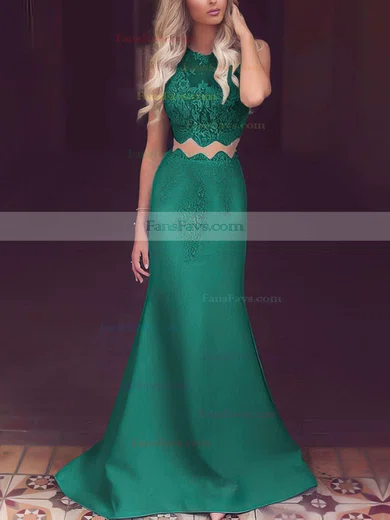 Trumpet/Mermaid Scoop Neck Satin Tulle Sweep Train Appliques Lace Prom Dresses #Favs020104536