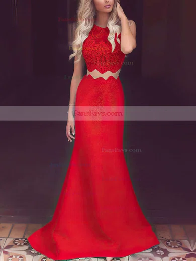 Trumpet/Mermaid Scoop Neck Satin Tulle Sweep Train Appliques Lace Prom Dresses #Favs020104536