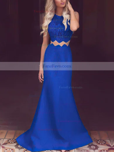 Trumpet/Mermaid Scoop Neck Satin Tulle Sweep Train Appliques Lace Prom Dresses #Favs020104536