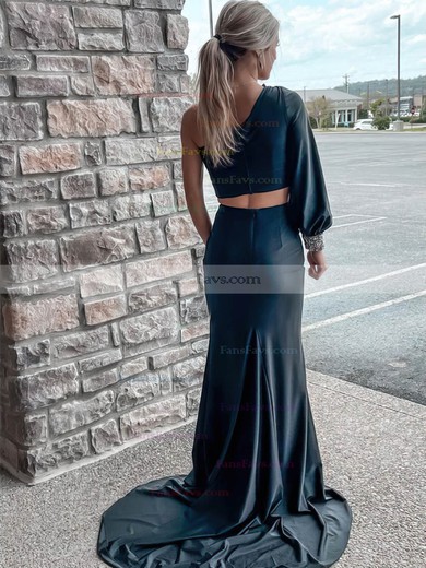 Trumpet/Mermaid One Shoulder Silk-like Satin Sweep Train Split Front Prom Dresses #Favs020107522