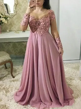 A-line Scalloped Neck Chiffon Sweep Train Appliques Lace Prom Dresses #Favs020107528 A-line Scalloped Neck Chiffon Sweep Train Appliques Lace Prom Dresses #Favs020107528