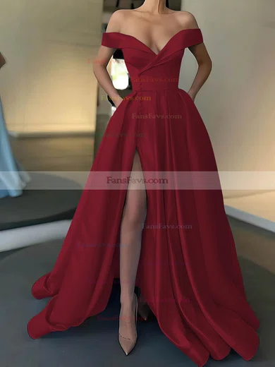 A-line Off-the-shoulder Satin Sweep Train Pockets Prom Dresses #Favs020107529