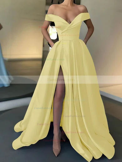 A-line Off-the-shoulder Satin Sweep Train Pockets Prom Dresses #Favs020107529
