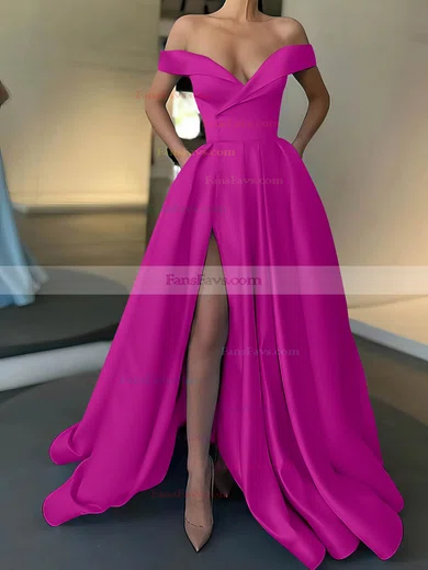 A-line Off-the-shoulder Satin Sweep Train Pockets Prom Dresses #Favs020107529