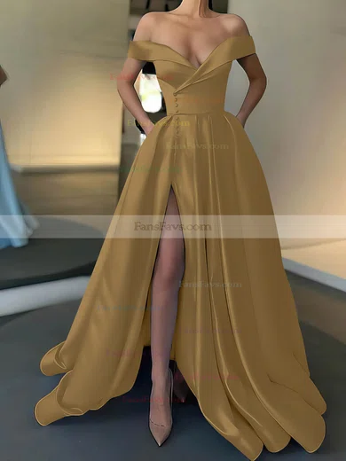 A-line Off-the-shoulder Satin Sweep Train Pockets Prom Dresses #Favs020107529