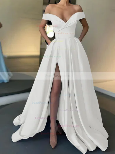 A-line Off-the-shoulder Satin Sweep Train Pockets Prom Dresses #Favs020107529