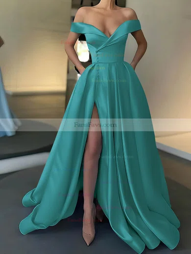 A-line Off-the-shoulder Satin Sweep Train Pockets Prom Dresses #Favs020107529