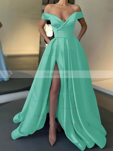 A-line Off-the-shoulder Satin Sweep Train Pockets Prom Dresses #Favs020107529