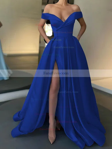 A-line Off-the-shoulder Satin Sweep Train Pockets Prom Dresses #Favs020107529