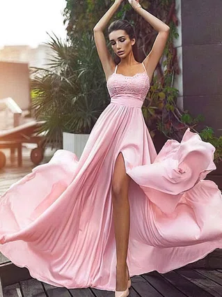 A-line Square Neckline Silk-like Satin Sweep Train Appliques Lace Prom Dresses #Favs020107533 A-line Square Neckline Silk-like Satin Sweep Train Appliques Lace Prom Dresses #Favs020107533