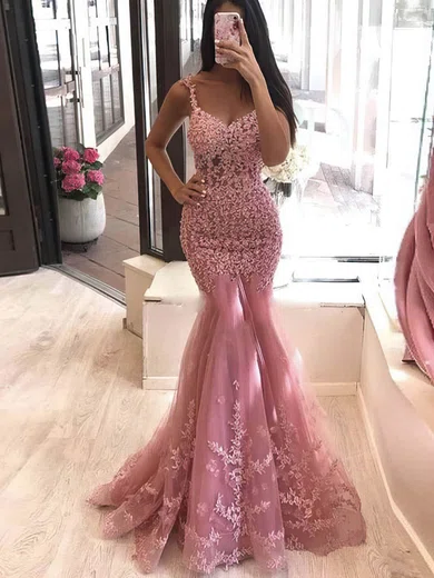 Trumpet/Mermaid V-neck Tulle Sweep Train Beading Prom Dresses #Favs020107534