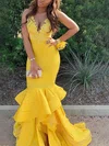 Trumpet/Mermaid V-neck Silk-like Satin Sweep Train Appliques Lace Prom Dresses #Favs020107543