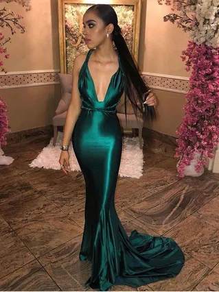 Trumpet/Mermaid V-neck Silk-like Satin Sweep Train Prom Dresses #Favs020107546