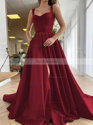 A-line Sweetheart Satin Sweep Train Bow Prom Dresses #Favs020107557