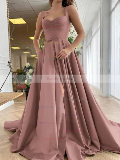 A-line Sweetheart Satin Sweep Train Bow Prom Dresses #Favs020107557