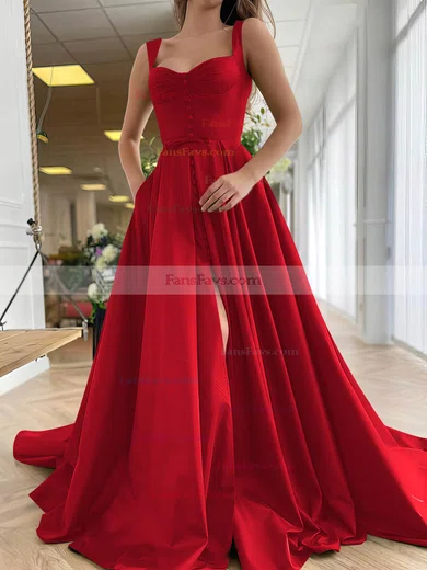 A-line Sweetheart Satin Sweep Train Bow Prom Dresses #Favs020107557