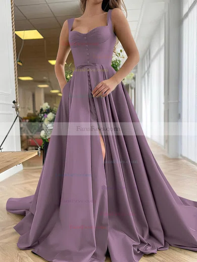A-line Sweetheart Satin Sweep Train Bow Prom Dresses #Favs020107557