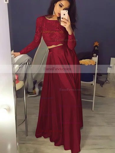 A-line Scoop Neck Lace Satin Floor-length Prom Dresses #Favs020104577