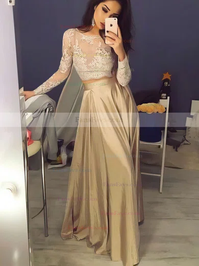 A-line Scoop Neck Lace Satin Floor-length Prom Dresses #Favs020104577