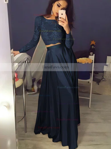 A-line Scoop Neck Lace Satin Floor-length Prom Dresses #Favs020104577