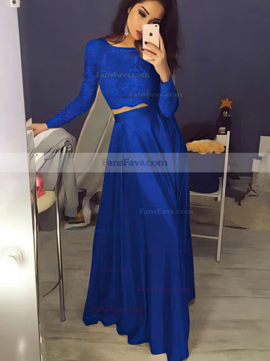 A-line Scoop Neck Lace Satin Floor-length Prom Dresses #Favs020104577