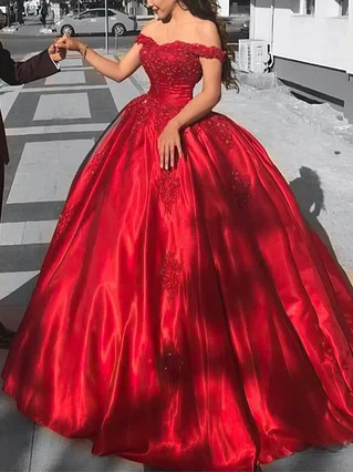 Ball Gown Off-the-shoulder Silk-like Satin Sweep Train Appliques Lace Prom Dresses #Favs020107561 Ball Gown Off-the-shoulder Silk-like Satin Sweep Train Appliques Lace Prom Dresses #Favs020107561
