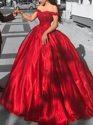Ball Gown Off-the-shoulder Silk-like Satin Sweep Train Appliques Lace Prom Dresses #Favs020107561