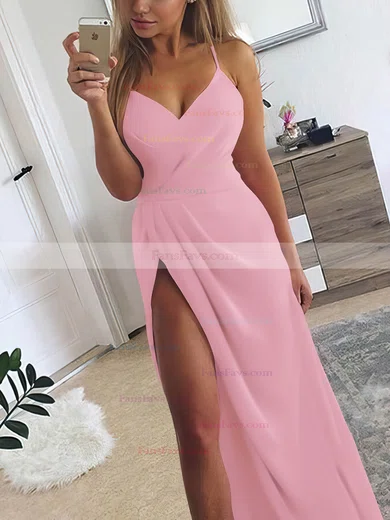 A-line V-neck Silk-like Satin Sweep Train Ruffles Prom Dresses #Favs020107573