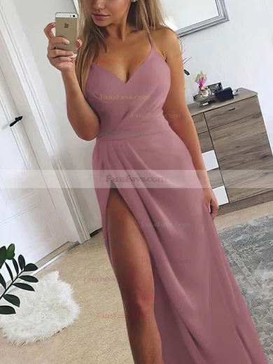 A-line V-neck Silk-like Satin Sweep Train Ruffles Prom Dresses #Favs020107573