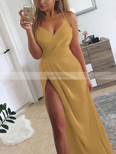 A-line V-neck Silk-like Satin Sweep Train Ruffles Prom Dresses #Favs020107573