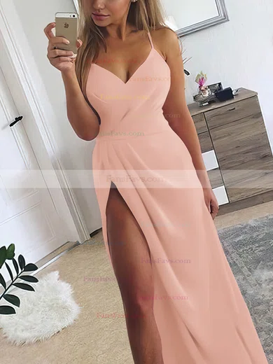 A-line V-neck Silk-like Satin Sweep Train Ruffles Prom Dresses #Favs020107573