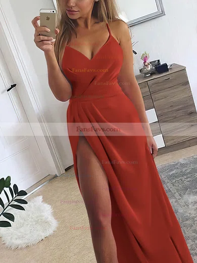 A-line V-neck Silk-like Satin Sweep Train Ruffles Prom Dresses #Favs020107573