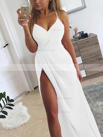 A-line V-neck Silk-like Satin Sweep Train Ruffles Prom Dresses #Favs020107573