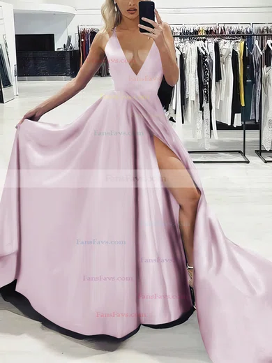 A-line V-neck Silk-like Satin Sweep Train Split Front Prom Dresses #Favs020107575